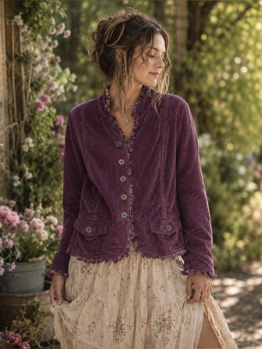 J.Jill Plum Corduroy Jacket With Velvet Ruffle Trim Lagenlook